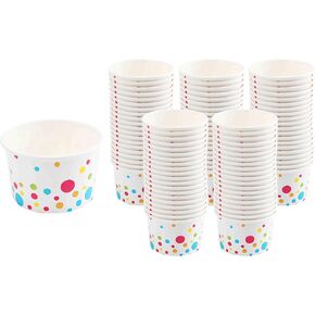 GSM Brands Paper Ice Cream Cups (Polka Dots Design) - 100-Count - 8 oz Disposable Dessert Bowls for Hot or Cold Food, 8-Ounce Party Supplies Treat Cups for Sundae, Frozen Yogurt, Soup, White