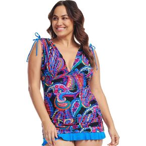 Mazu Women's Plus Size One Piece Ruffle Skirt Swimsuits Tummy Control Swimdress V Neck Grecian Skater Ruched Bathing Suit