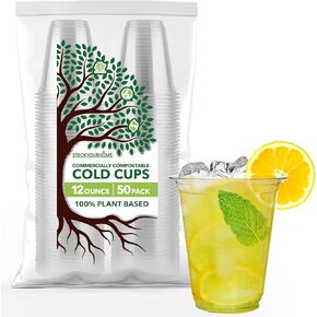 Stock Your Home 12 oz Clear Commercially Compostable Cold Cups (50 Pack) Plant Based Eco Party Cup, Environmentally Friendly Recyclable Disposable Sustainable for Water, Wine & Beer Sample
