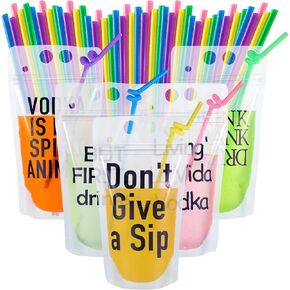 Patelai 20 Pieces Party Drink Pouches for Adults with Straws Plastic Drink Bags with Zipper Party Beverage Bags Novelty Juice Pouches Translucent Stand up Bags for Adults and Teens Party Favors