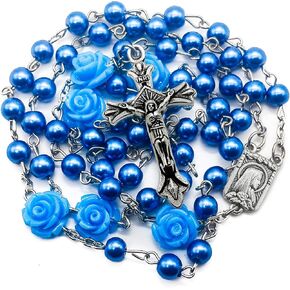 Nazareth Store Blue Pearl Beads Rosary Prayer Handmade Necklace Our Rose Lourdes Medal and Jesus Cross