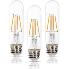 Simba Lighting LED T10 Tubular Edison Filament Light Bulbs (3 Pack) 6W Dimmable 60W Equivalent 120V for Cabinet Display, Piano Lamps, Clear Glass Decorative, Standard Medium E26 Base, Warm White 2700K