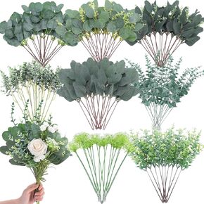 Hotop 80 Pcs 8 Kinds Mixed Eucalyptus Leaves Stems Bulk Artificial Greenery Stems Silver Dollar Eucalyptus Leaves Picks Faux Spray Branches for DIY Vase Bouquet Floral Arrangement Wedding Home Decor