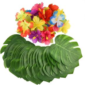 60 Pcs Hawaiian Tropical Party Decoration Tropical Palm Turtleback Leaves Hibiscus Flowers Artificial Leaf Stems for Hawaiian Luau Safari Jungle Beach Theme Birthday BBQ Party Table Decor