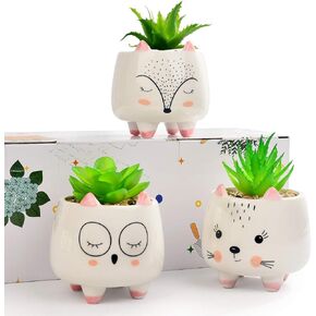 B SEPOR 3 Little Kitty Cats Small Artificial Succulents Potted with White Porcelain Pots Ceramic Animal Planter Gift Set for Home and Office Decor