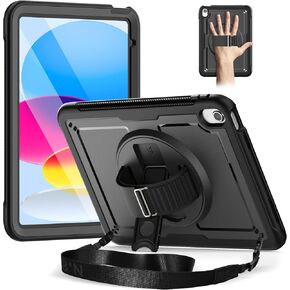 حافظة Timecity iPad الجيل العاشر - 10.9 بوصة 2022/2023: حافظة واقية مقاومة للصدمات لكامل الجسم مع واقي شاشة، حامل دوار 360 درجة، حزام يد، حزام كتف، حامل أقلام - أسود
