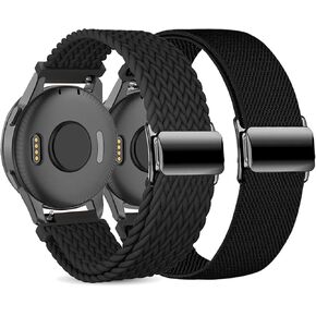 عبوتان من أحزمة الساعة المضفرة المتوافقة مع 20 مم Garmin Venu/Sq/Sq 2/ Venu 2 Plus/Vivoactive 5/3/Forerunner 645/245 Music، حزام من نسيج النايلون المرن المغناطيسي القابل للتمدد للنساء والرجال