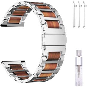 سوار خشبي من iteeology متوافق مع ساعة Samsung Galaxy Watch 6 Classic 43mm 47mm/5 Pro 45mm، سوار رابط خشبي طبيعي من الفولاذ المقاوم للصدأ لساعة Galaxy Watch 6/5/4/4 Classic 40mm/44mm/42mm/46mm - أسود