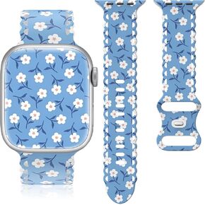 Floral Band Compatible with Apple Watch Band 38mm 40mm 41mm 42mm 44mm 45mm 49mm Women, Designer Cute Flower Print Pattern Soft Lace Silicone Strap for iWatch Band Series Ultra 9 8 7 SE 6 5 4 3 2 1