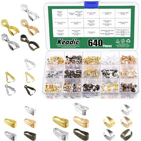 Keadic 640Pcs 5 Colors Metal Pinch Clip Clasp with Bail Hook Pinch Clips Assortment Set with Plastic Case, Dangle Charm Bead Pendant Connector Findings for Jewellery Making (5 Style)