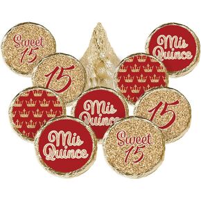 Quinceanera Party Favor Labels, Red and Gold - 180 Stickers