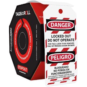 Accuform Signs TAR462 Tags By-The-Roll Spanish Bilingual Lockout Tags, Legend "DANGER LOCKED OUT DO NOT OPERATE/PELIGRO BLOQUEADO NO PONGA EN FUNCIONAMIENTO", 6.25" Length x 3" Width x 0.010" Thickness, PF-Cardstock, Red/Black on White (Roll of 100)