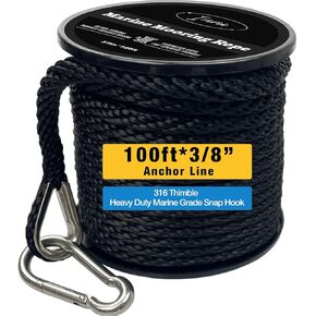 100 FT Double Braided Nylon Boat Anchor Rope 3/8inch with 316 Stainless Steel Thimble and Heavy Duty Snap Hook Marine Grade Anchor line Black