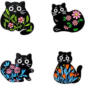 yangjinyu 4PCs Cartoon Black Cat With Flowers Enamel Pin Brooch Cute Cat Enamel Brooch Pins Set Aesthetic Cat Plant Enamel Pins Kawaii Backpack Pins for Women Men DIY Badges Clothing Jacket Bags Gift