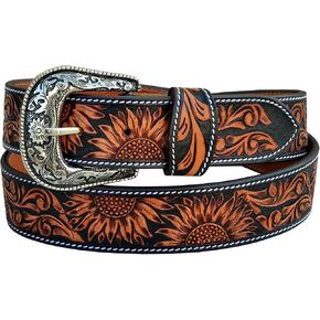 Western Genuine Leather Sunflower Floral Tooled Casual Jeans Belt With Removeable Buckle 30AB101