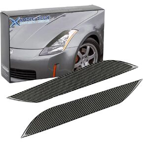Xotic Tech Real Carbon Fiber Front Headlight Lamp Eyebrow Eyelid Molding Decal Cover Trim Compatible with Nissan 350Z Z33 Fairlady 2003-2009, 2pcs