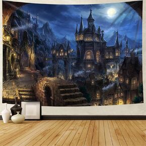 Simsant Old Castle Tapestry Werewolf Night Ancient City Tapestry Wall Hanging for Bedroom Living Room Dorm SIZY0678 80"x60"(203x152cm)