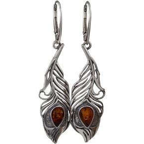 Sterling Silver and Baltic Honey Amber French Leverback Peacock Feather Earrings