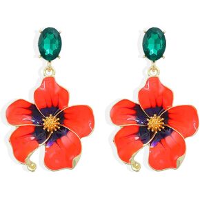 Fashion Colorful Enamel Flower Petal Drop Earrings Rhinestone Plant Peach Blossom Flower Dangle Earrings Jewelry for Women Girls Gifts