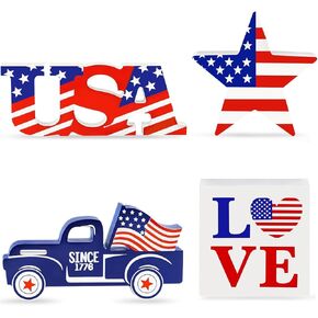 4th of July Decorations, Wooden Star USA LOVE Car Signs, Memorial Day Decorations, Patriotic Decorations, Fourth of July Table Decorations, Red White and Blue Decorations, 4Pcs