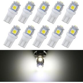 Pack-10 Car LED Light Bulbs, T10-5050-5SMD Reading Lights, 12V License Plate Lights, Automotive Decorative Dome Lights, Universal for Most Cars, Trucks and Vans (White)
