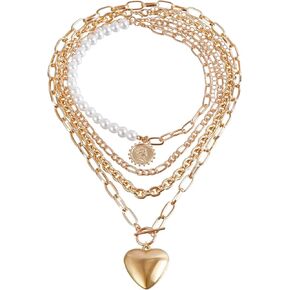 Layered Gold Heart Necklace Sets for Women Teen Girls,Chunky Heart Pearl Paper Clip Chain Choker Necklace,Stackable Statement Pendant Necklaces