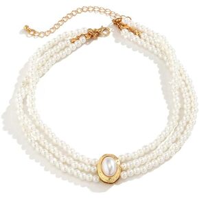 Boho Round Imitation Pearl Layered Choker Necklace Multi Strands Vintage Choker 1920s Bridal Wedding Christmas Vintage Shiny Necklace for Women and Girls (Gold 3)