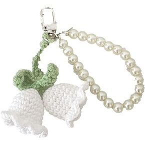 1Pc White Creative Pearl Chain Keyring With Knitted Flower Pendant Knitted Bell Orchid Keychain Charm Pearl Lanyard Key Chain Ornaments Convenient to Carry,Accessories,Keyrings, Keychains and Charms