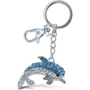 Aqua79 Blue Dolphin Keychain - Silver 3D Sparkling Charm Rhinestones Fashionable Stylish Metal Alloy Durable Key Ring Bling Crystal Jewelry Accessory With Clasp For Key Chain, Purse, Backpack, Handbag