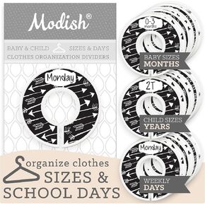 Baby Clothes Closet Organization, Hanging Size Dividers: Months & Years, Modish Labels Days of The Week Organizers: Daycare & Back to School, Girl Boy Neutral White Black Boho Safari Arrows Woodland