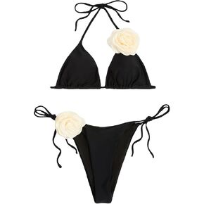 MakeMeChic Women's 2 Piece Bikini Sets 3D Floral Tie Side High Cut Thong Swimsuit Bathing Suit