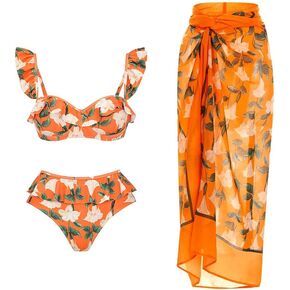 ABOCIW Womens Floral Print Bikini Sets with Swimsuit Coverup Long Beach Wrap Skirt 2 Piece High Waisted Bathing Suit