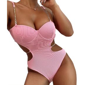 YAUASOPA Women's Women's Sexy Cutout Metal Chain Strap Bikini Set Ribbed one Piece Swimsuit Bathing Suit