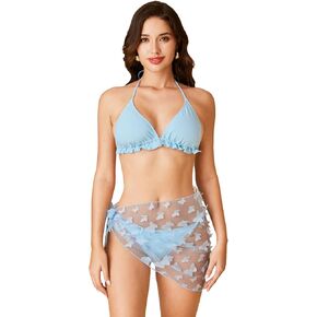 WDIRARA Women's 3 Pieces Butterfly Appliques Halter Bikini Sets Swimsuit with Mesh Beach Skirt