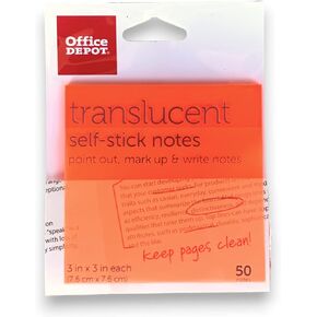 Office Depot Translucent Sticky Notes, 3"x3", 50-Note Pad (Orange)