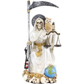 Ebros Gift 9" Tall Bone Mother Holy Death White Tunic Robe Santa Muerte with Scythe and Scales Sitting On Throne Statue Day of The Dead Patron of Purity and Protection