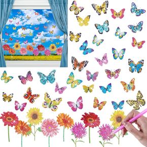 Tenceur 44 Pcs Diamond Art Window Clings Butterfly Flower Diamond Stained Glass Window Clings Diamond Art Painting Kit, Stickers DIY for Home Decor, Anti-Collision Window Clings Birds Window Decals