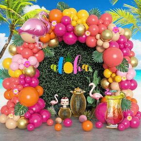 Ouddy Life 178Pcs Tropical Balloons Arch Garland Kit, Luau Tropical Party Decorations with Aloha Pineapple Coconut Hot Pink Aqua Blue Balloons & Palm Leaves for Hawaiian Summer Birthday Supplies