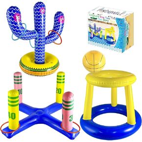 FindUWill Pool Toys Games Set, Pool Basketball Hoop Inflatable Cross Ring Toss Game, Inflatable Cactus Ring Toss for Kids Luau Party Supplies Pool Toys