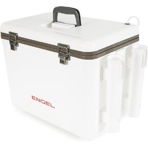 Engel 30qt Live Bait Cooler Box with 2nd Gen 2-Speed Portable Aerator Pump and 4 x Fishing Rod Holder Attachments. Fishing Bait Station and Minnow Bucket in LBC30-RH in White