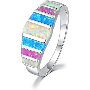 CiNily Women's Opal Rings,Create White Blue Pink Fire Opal Silver Plated Gemstone Ring Size 5-13