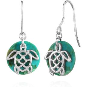 Sterling Silver Abalone or Simulated Turquoise Round Filigree Polished Turtle Dangle Earrings