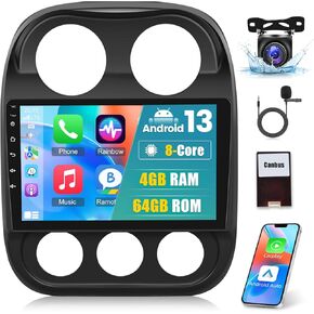 8 Core [4G+64G] Car Radio for Jeep Compass Patriot 2010 2011 2012 2013 2014 2015 2016, Android 13 Touch Screen Stereo, DSP 32 EQ/IPS/Carplay/Android Auto/SWC/BT/WiFi