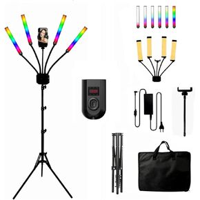 Four Arms RGB LED Light for Photography,2700k-6500k Photography Fill Light with Sound Perception,Tripod Selfie Light for Photography/Lighting Supplement/Makeup/Live Stream with Timer