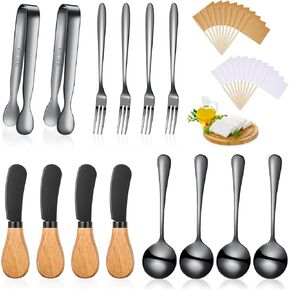 Cheese Butter Spreader Knives Set Charcuterie Accessories Stainless Steel Spreader Knives with Wooden Handles Charcuterie Boards Utensils Mini Serving Tongs Spoons and Forks