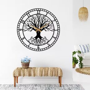 Tree of Life Metal Wall Clock, Black Large Wall Clock, Family Tree Clock, Silent Mid-Century Wall Clock,Modern Living Room Clock Art,Horloge Murale (Black, 13.7 x 13.7" / 35 x 35 cm)