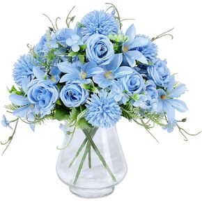 Artificial Flowers,12in 4pcs Fake Flowers Plants Silk Roses Hydrangea Lilies for Bouquets Bridal Shower Decoration Wedding Table Centerpieces Party Home Office (Blue No Vase)