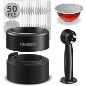 CAPMESSO Reusable Vertuoline Pod Refill Kit, 2024 Newest Design for Faster Seal Reusable Vertuoline Pods with Fill & Press Brush,50pcs Aluminum Lids for Vertuoline Pod (52, 50 Lids+1 Holder+1 Scoop)