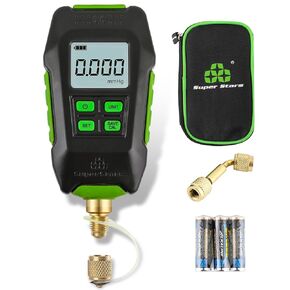 Digital Vacuum Gauge, HVAC Micron Vacuum Gauge Tester with 6 Units 7/16"-20UNF(1/4" SAE), Digital Vacuum Micron Meter Set with Buzzer Alarm, 1/4" SAE Extension Connector Fitting
