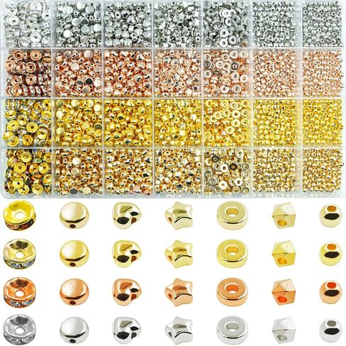 مجموعة 2400 قطعة من الخرز الذهبي - أنماط متنوعة مثالية لصنع الأساور، خرز بؤري فاصل للمجوهرات، مثالية للمشروعات اليدوية اليدوية، 4 ألوان و7 أنماط in Kuwait